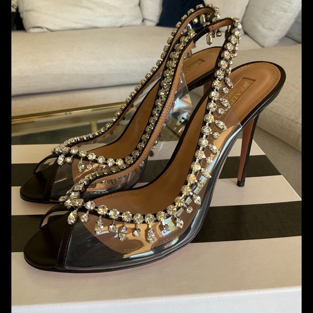 Aquazzura Firenze Temptation Crystal black peep toe heels, 39.5, NIB!